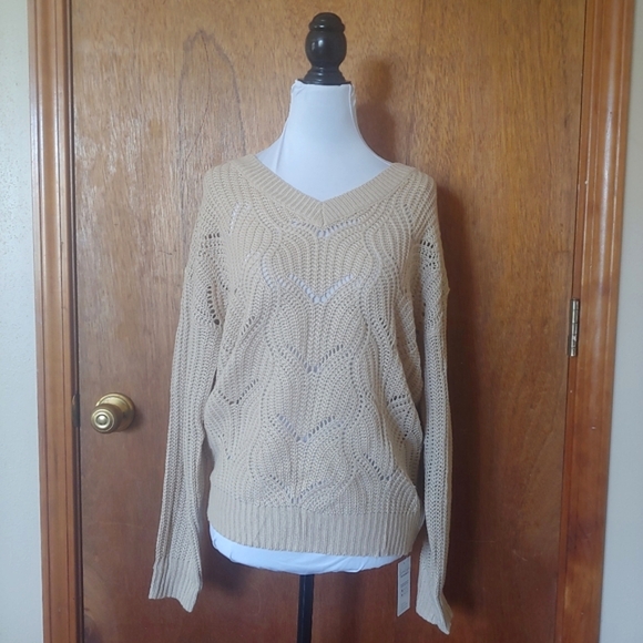 NWT Cupshe Brown Beige Pointelle V Knit Crochet Long Light Spring Sweater S - Picture 4 of 13